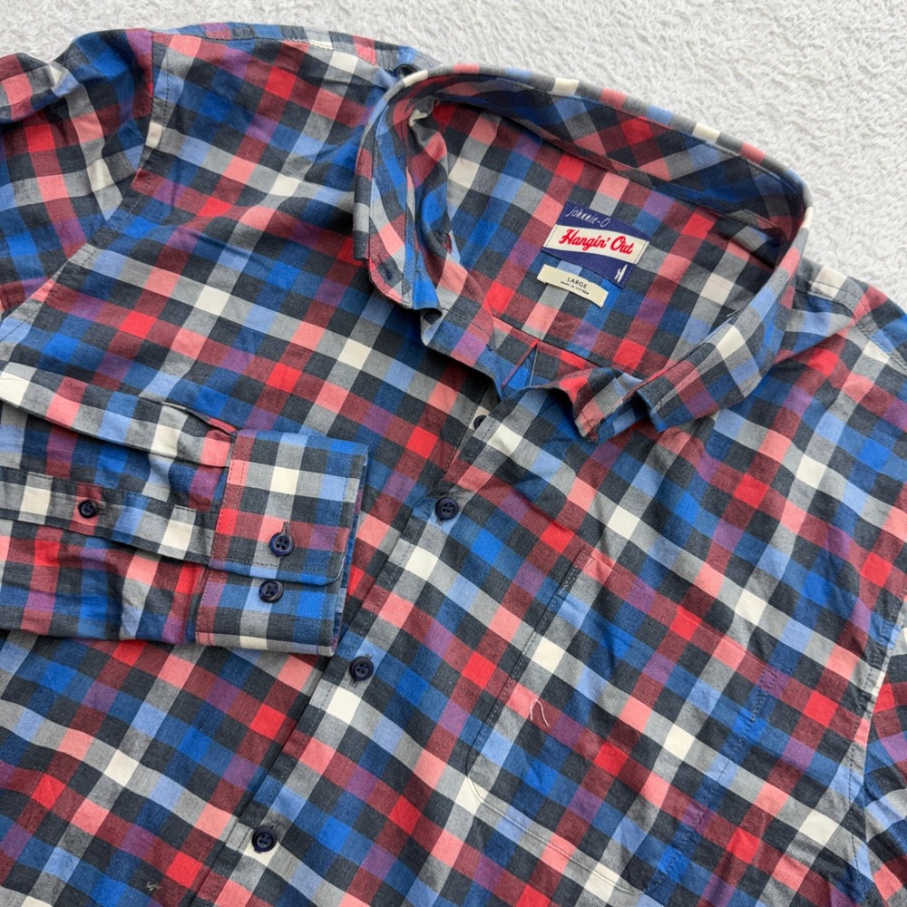Johnnie-O Hangin Out Mens L Plaid Button Down Shirt Red Blue White Long Sleeve